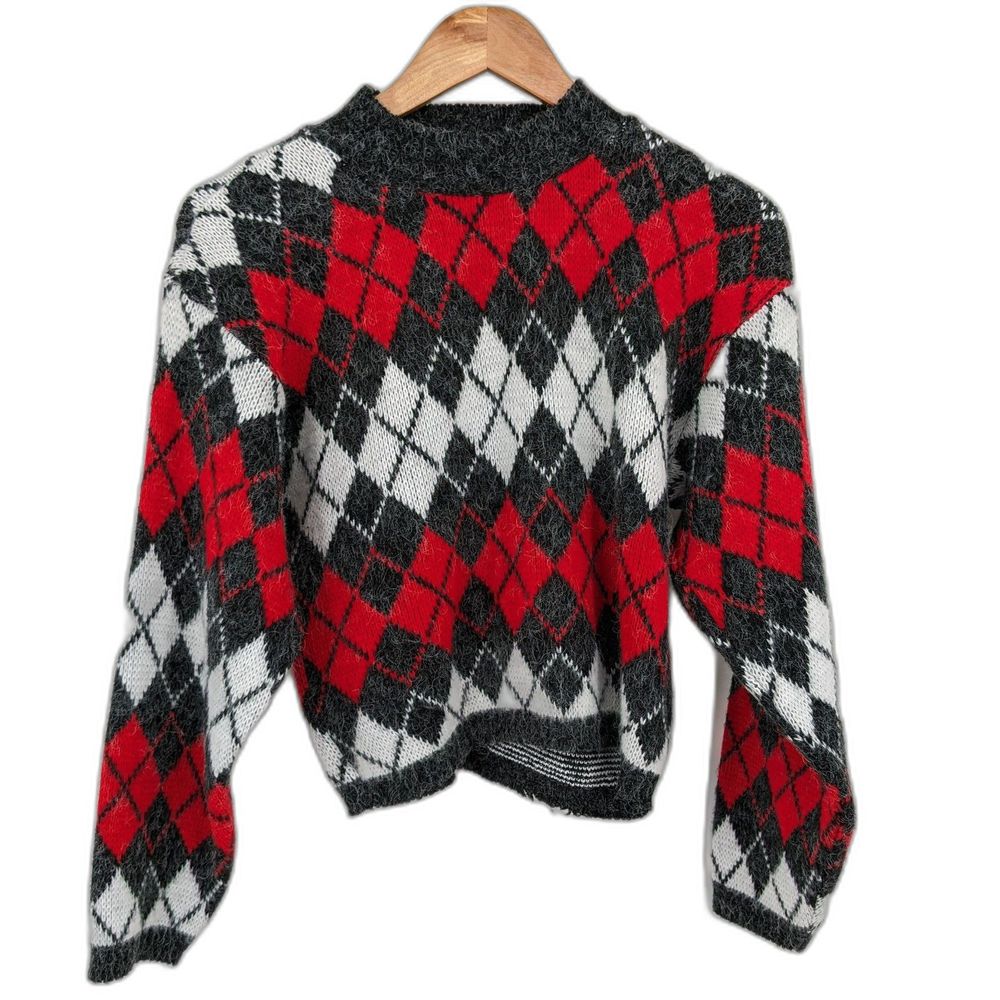 Vintage 1990s Mock Neck Sweater Argyle Fuzzy Knit Dark Academia Preppy Size M